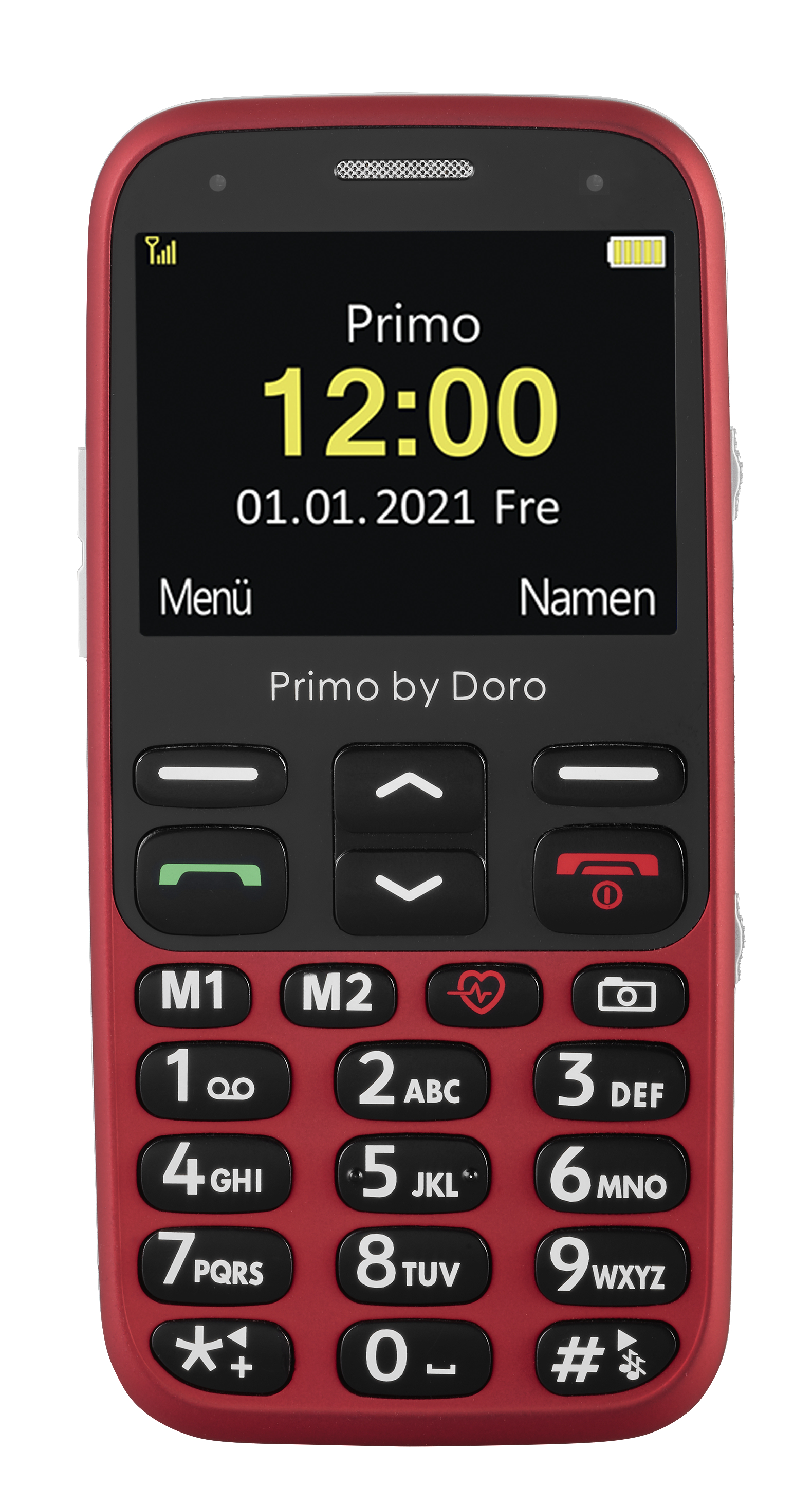 Rotes Primo by Doro Mobiltelefon mit großen Tasten und Display. Weißer Hintergrund.