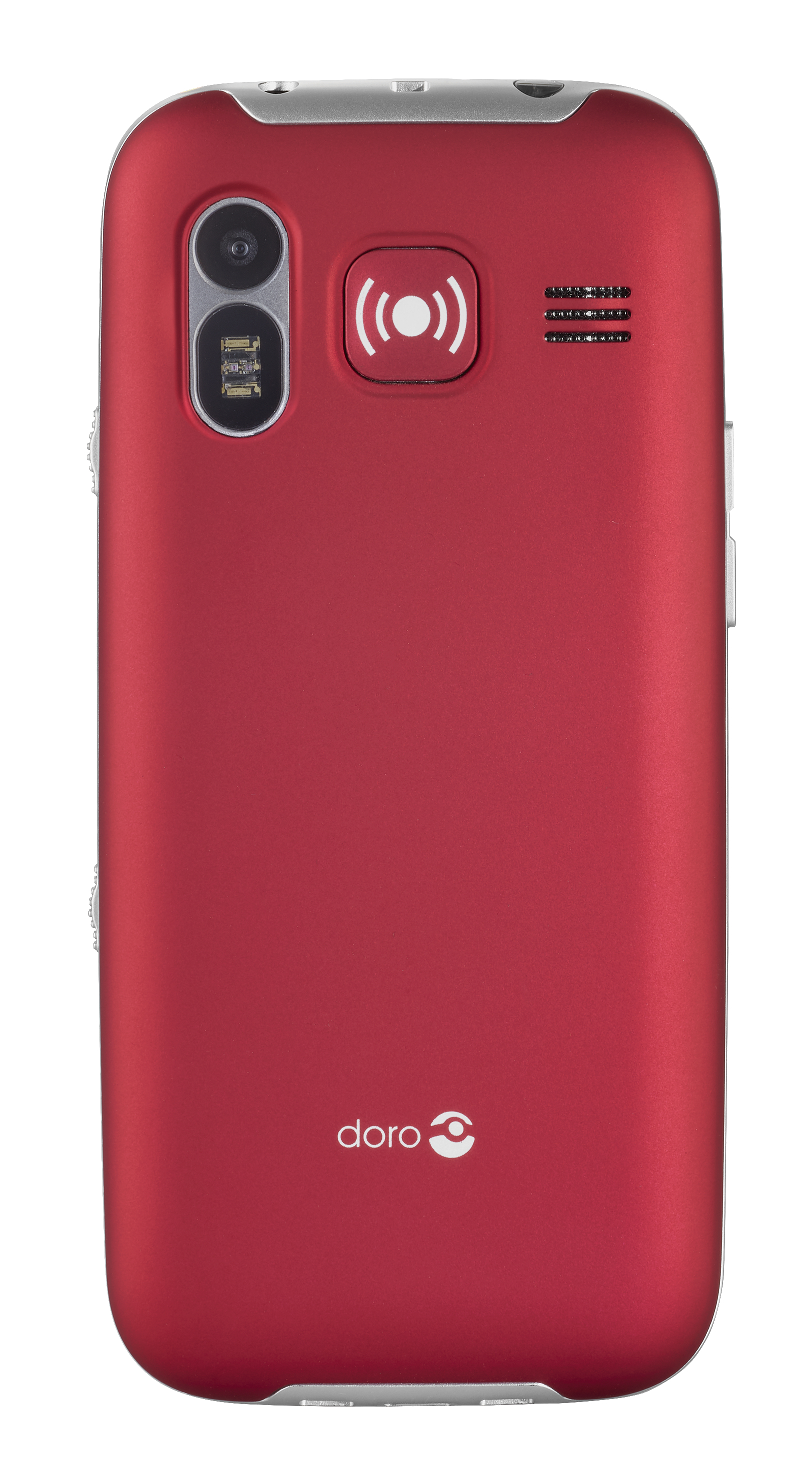 Rotes Doro-Mobiltelefon, Rückansicht, mit Kamera und Tasten.
