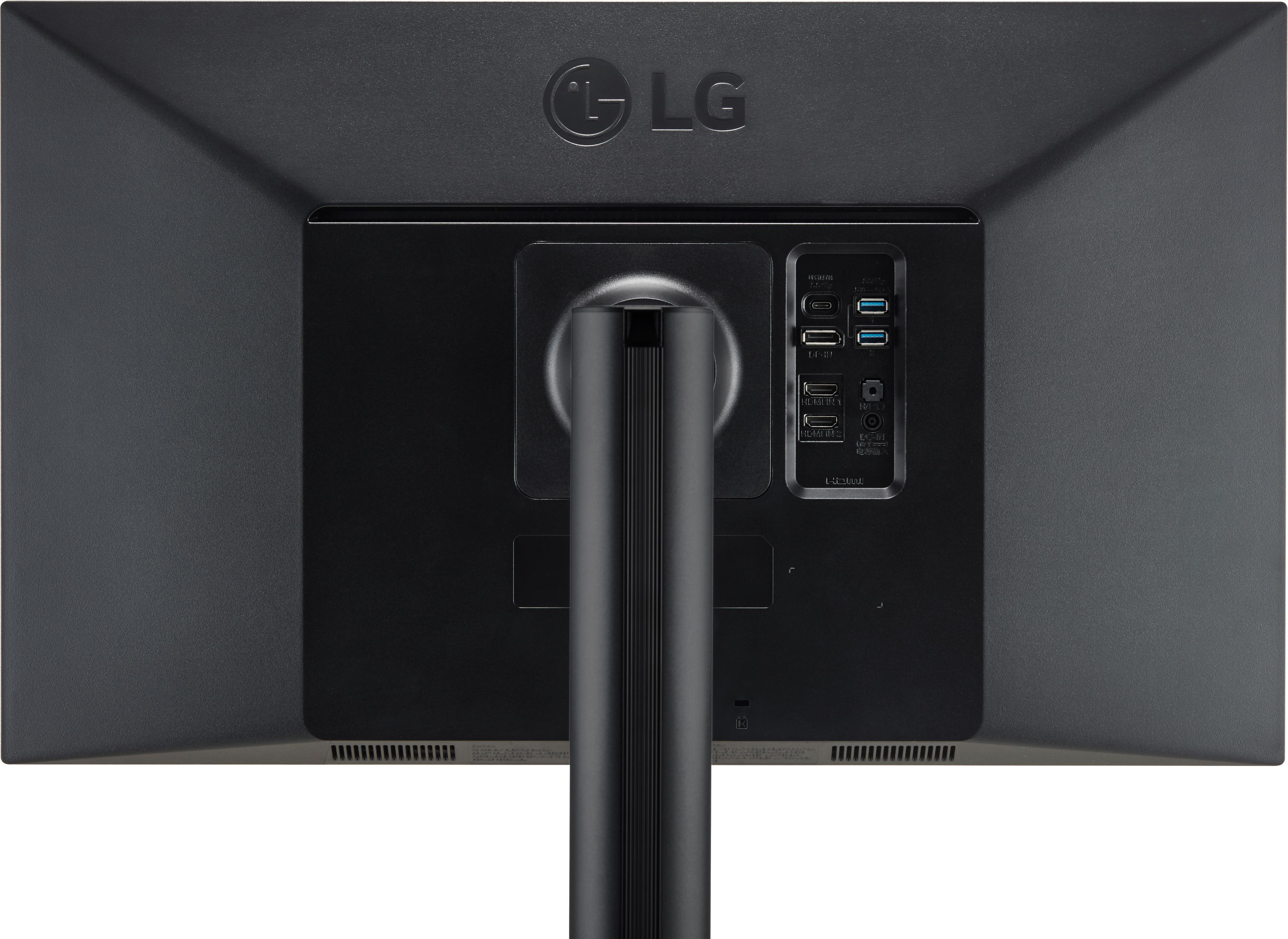 Die Rückseite eines schwarzen LG-Monitors mit Anschlüssen und dem LG-Logo oben.