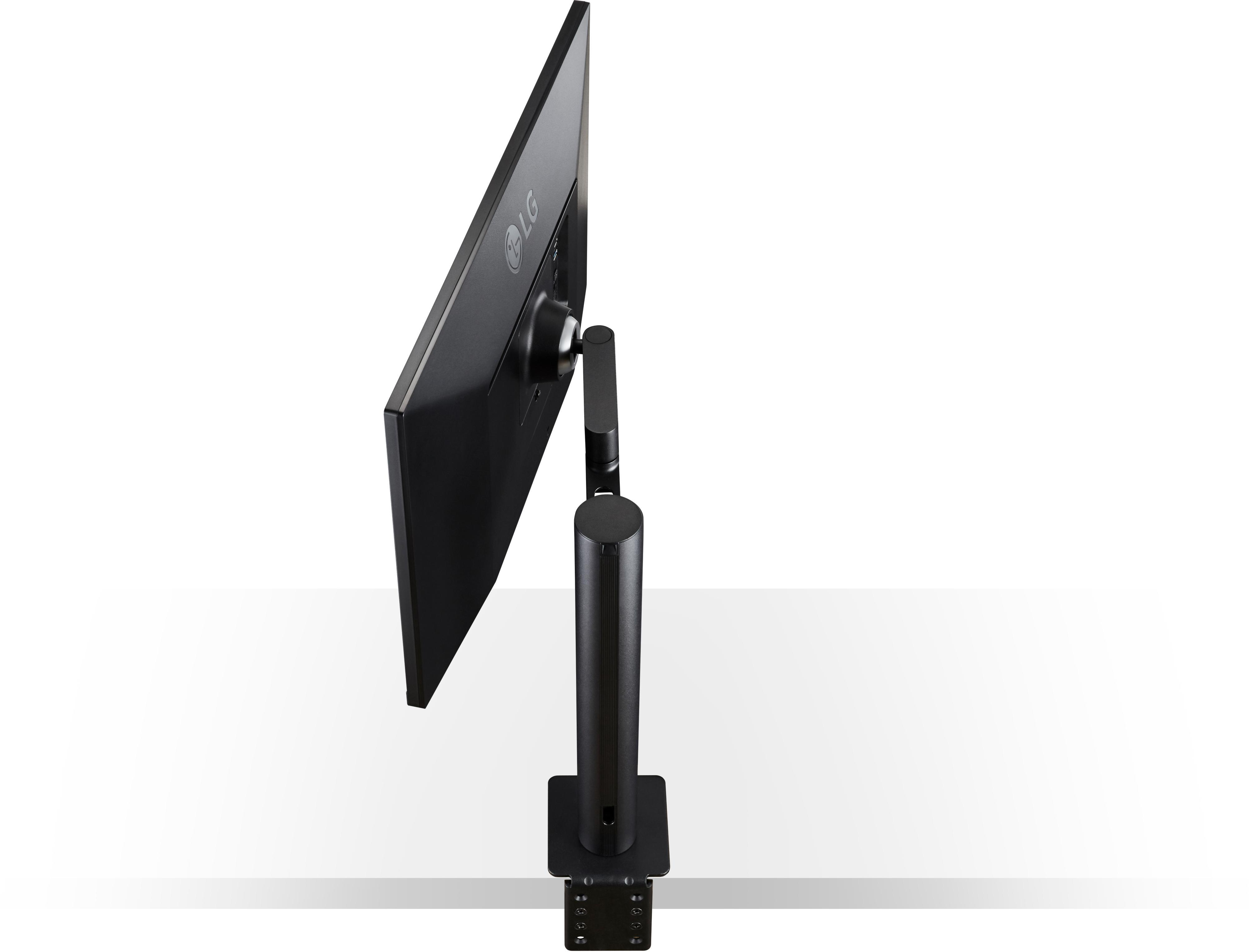 Schwarzer LG Monitor, Seitenansicht, montiert auf einem schwarzen Ständer.