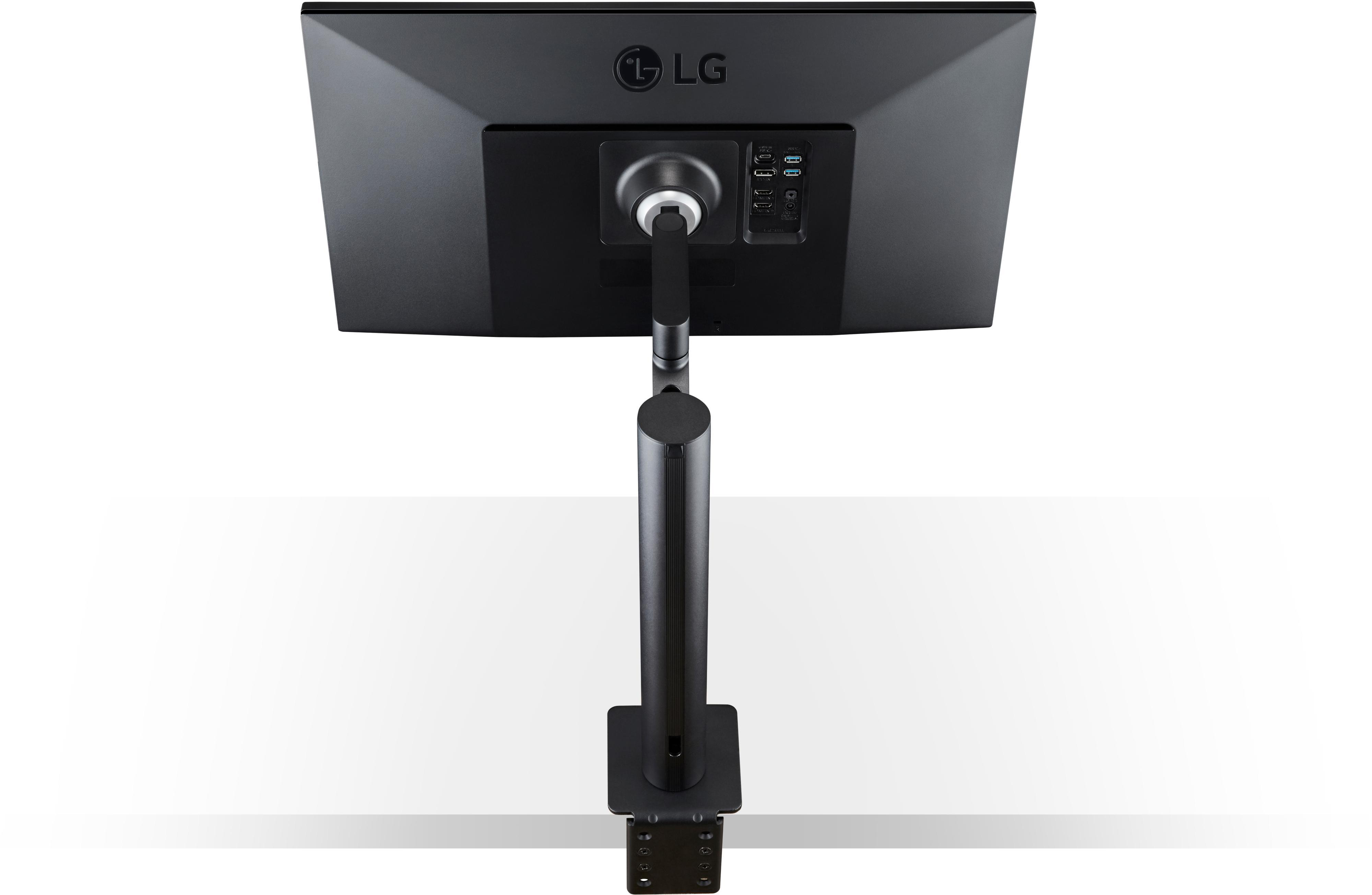 Ein schwarzer Computermonitor von hinten mit einem Montagearm auf weißem Hintergrund.