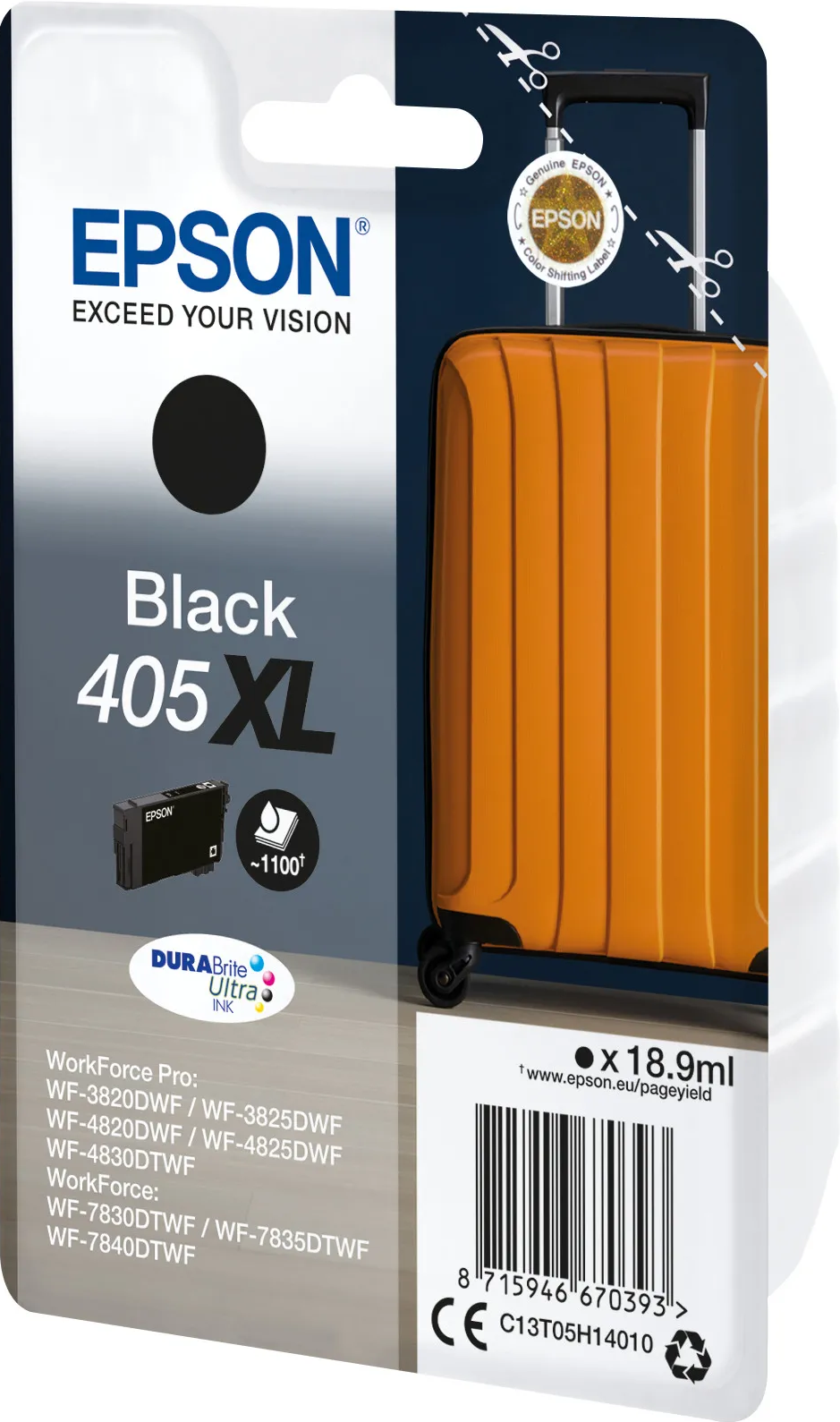 Epson Tintenpatrone, schwarz, XL 405, mit einem Koffer im Hintergrund.
