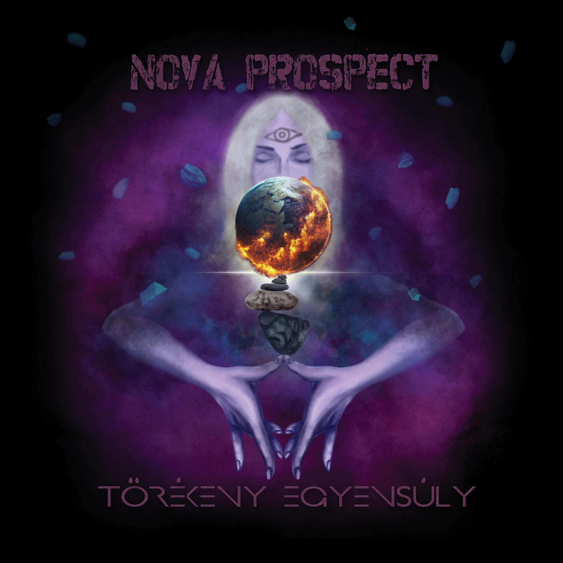 Album borító. Harmadik szemmel rendelkező nő, bolygót tart, 'NOVA PROSPECT' szöveg.