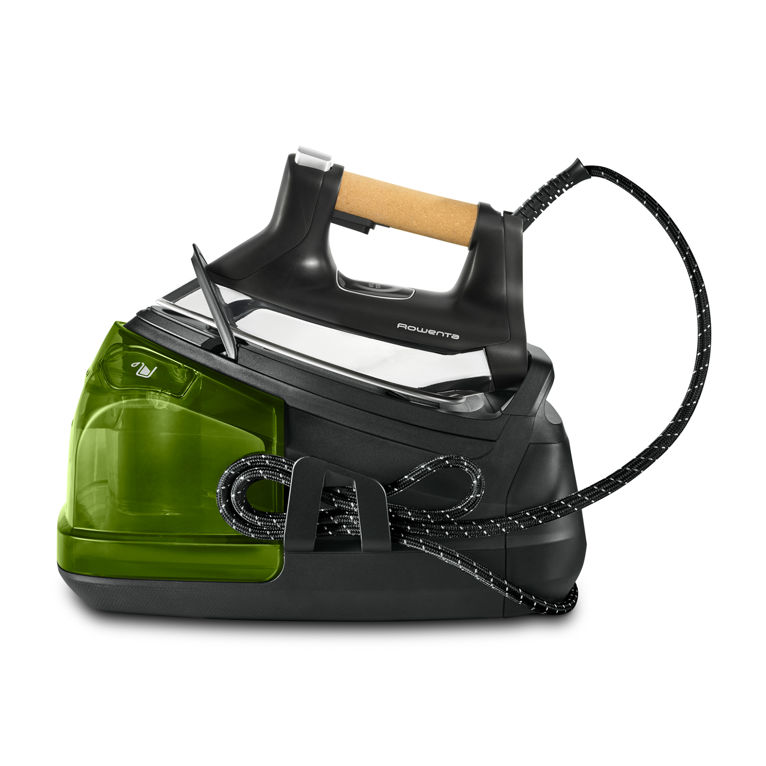Un ferro da stiro a vapore nero e verde su un supporto. Un cavo bianco si avvolge attorno alla base.