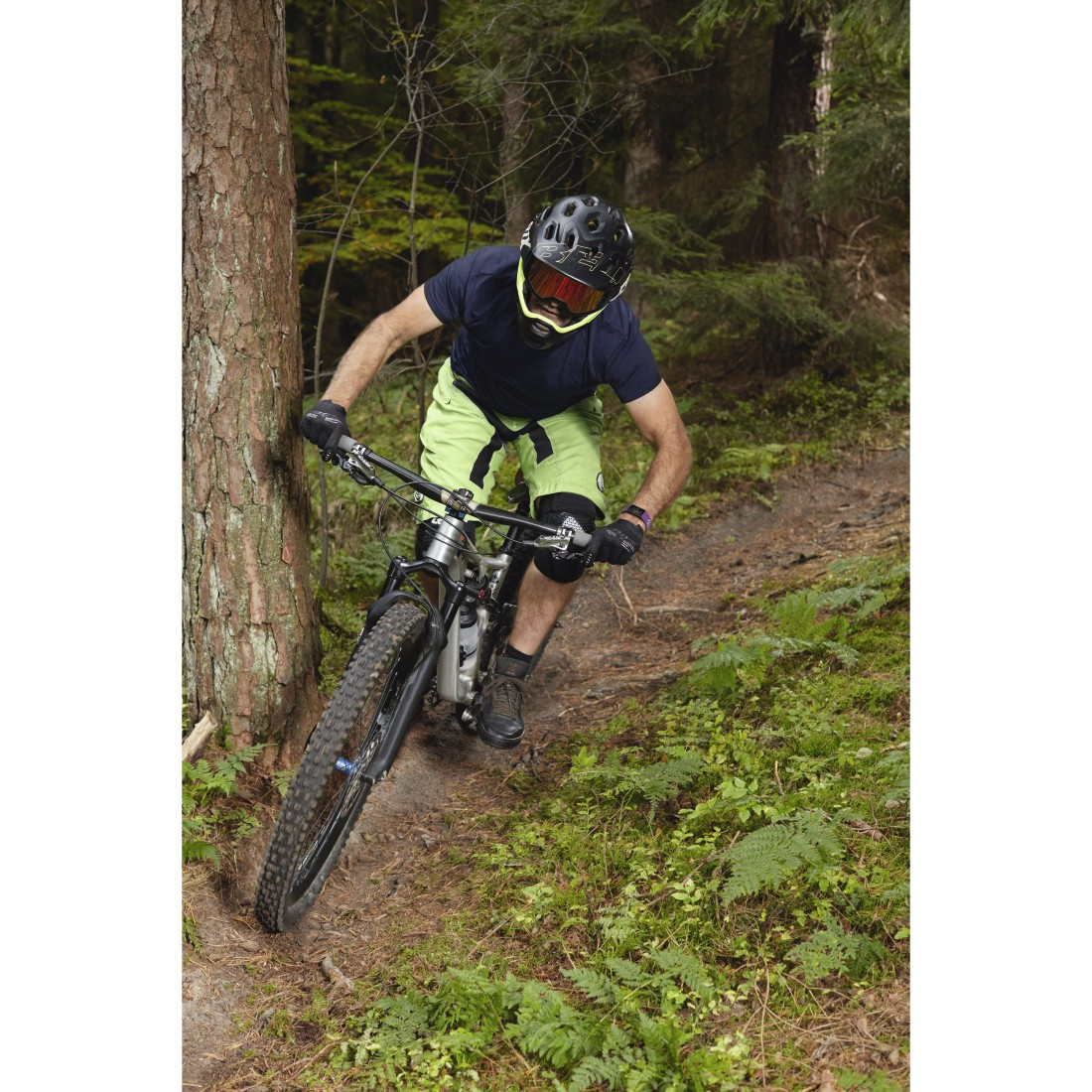 Radfahrer auf einem Mountainbike fährt durch einen Wald. Grüne und braune Farben.