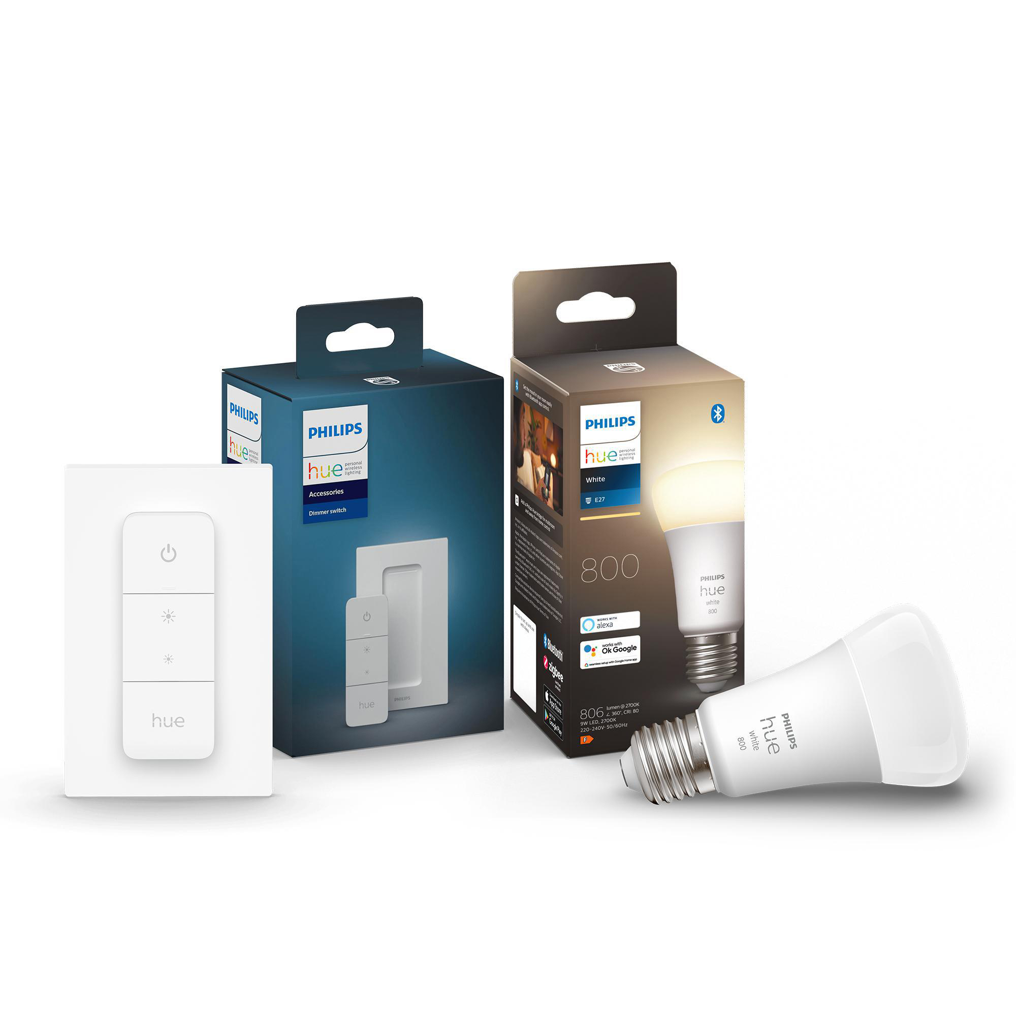 PHILIPS White E27 LED Lampe 800lm 60W inkl. Philips Hue Dimmschalter Smarte Glühbirne Warmweiß