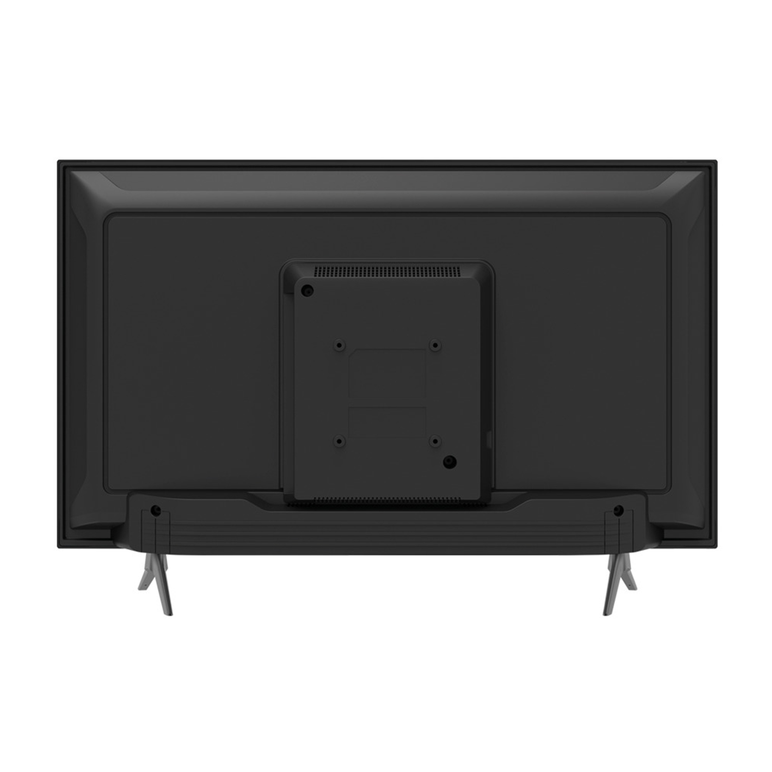 Il retro di una TV nera con supporto e staffa per il montaggio a parete.