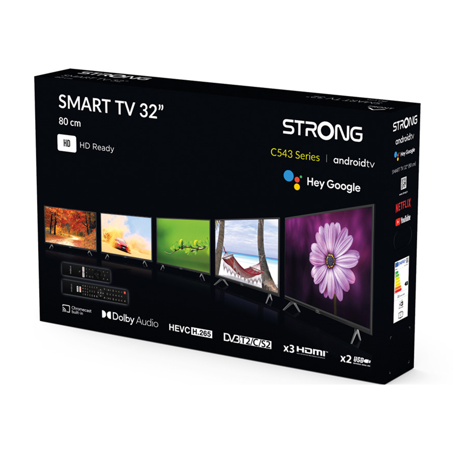 Una scatola per una Smart TV da 32 pollici. La scatola presenta immagini dello schermo e funzionalità.