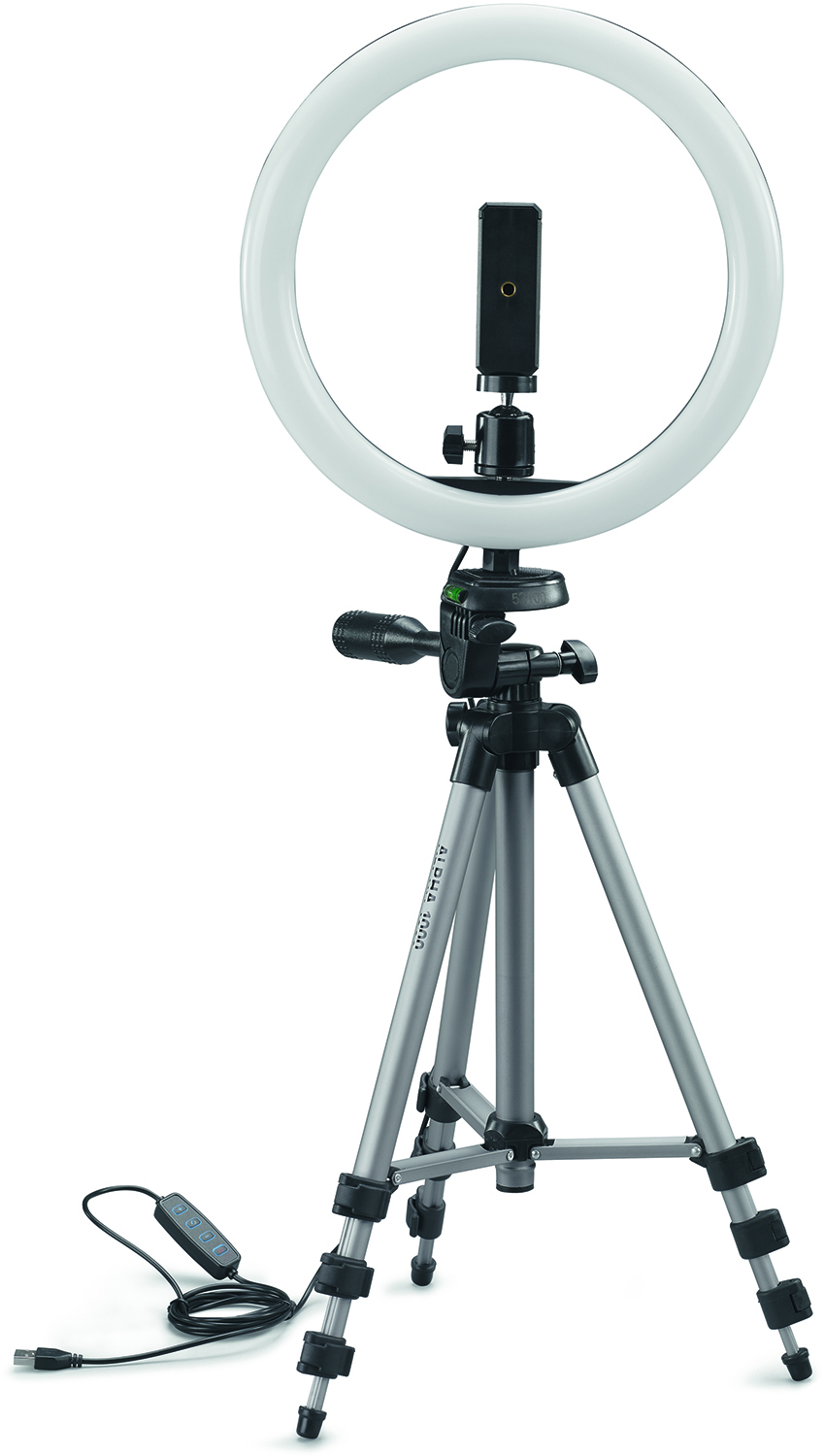 A ring light on a tripod with a phone holder and a control panel.