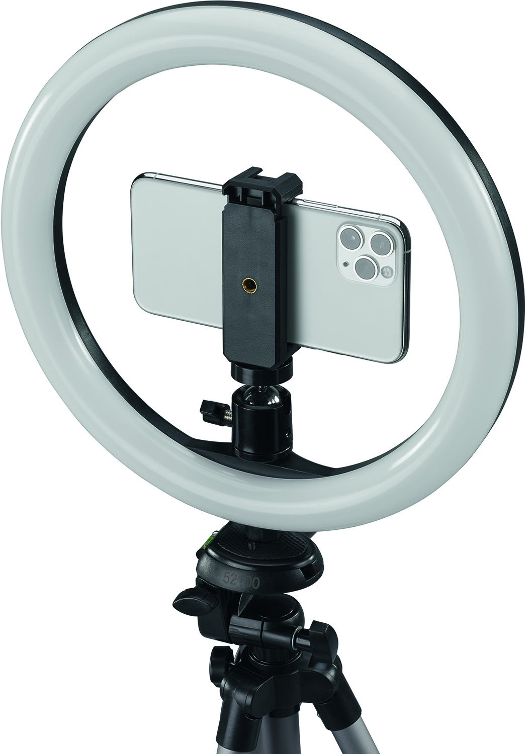 Ring light holding a phone, on a tripod. The phone is centered and has a white background.