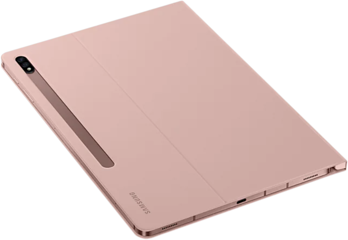 Rózsaszín-arany táblagép tokkal. A Samsung logója látható. A tok vissza van hajtva.