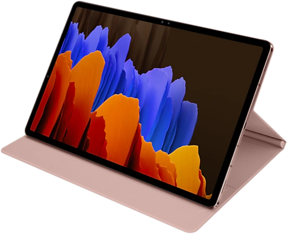 Egy rózsaszín tokos tablet. A képernyő absztrakt művészetet mutat narancs, kék és barna színekkel. A háttér világosszürke.