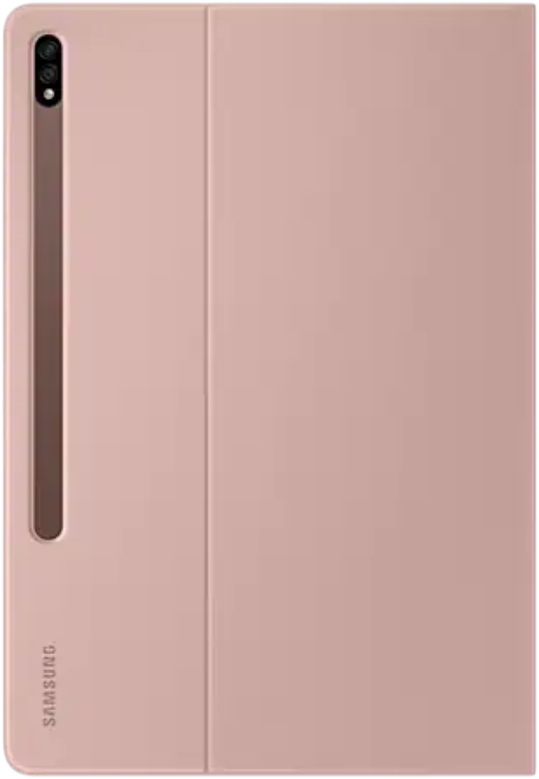 Világos rózsaszín tablettatok függőleges sávval, Samsung logóval és kamerával. Nyitva van.