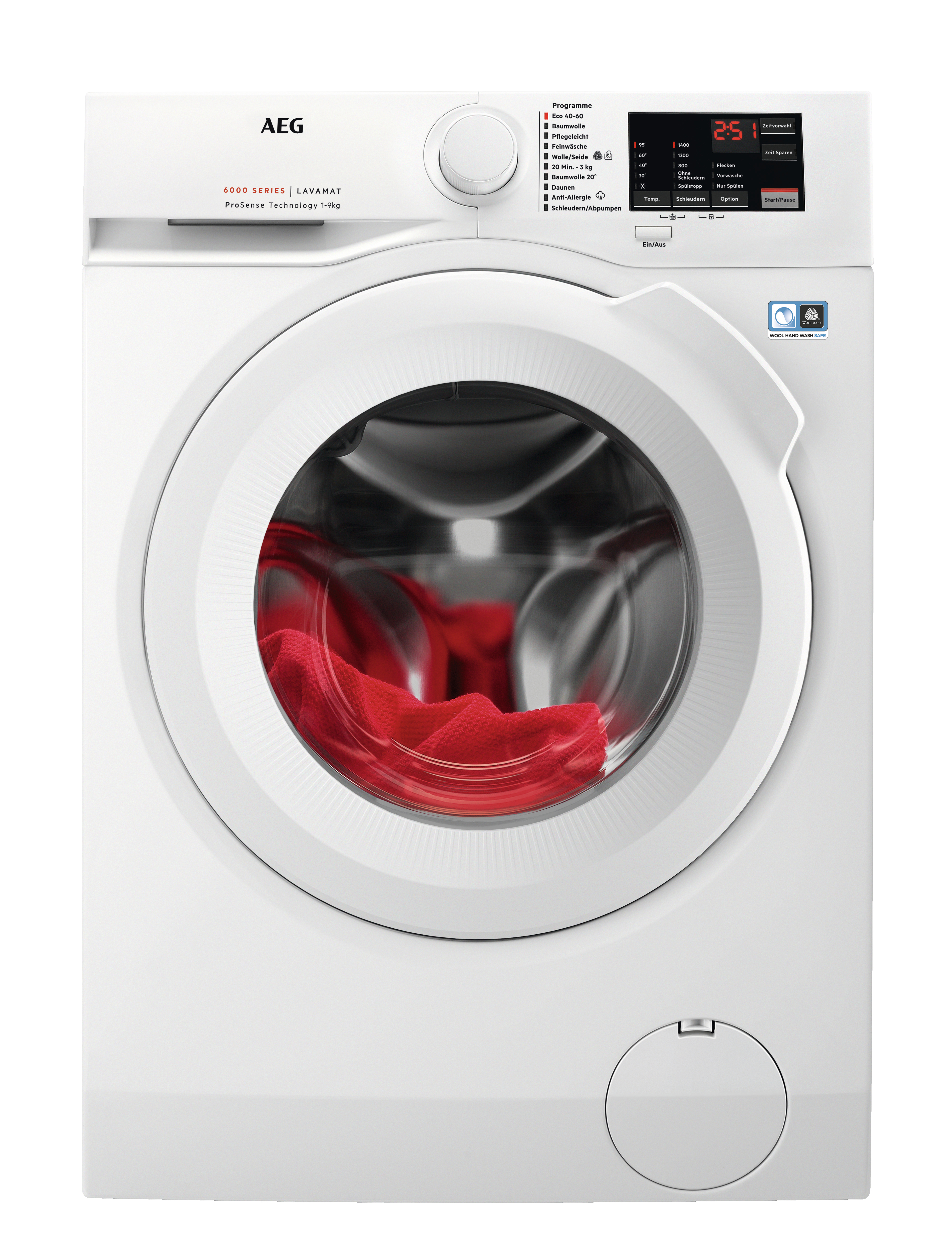 Eine weiße Waschmaschine mit rotem Kleidungsstück in der Trommel und digitaler Anzeige.