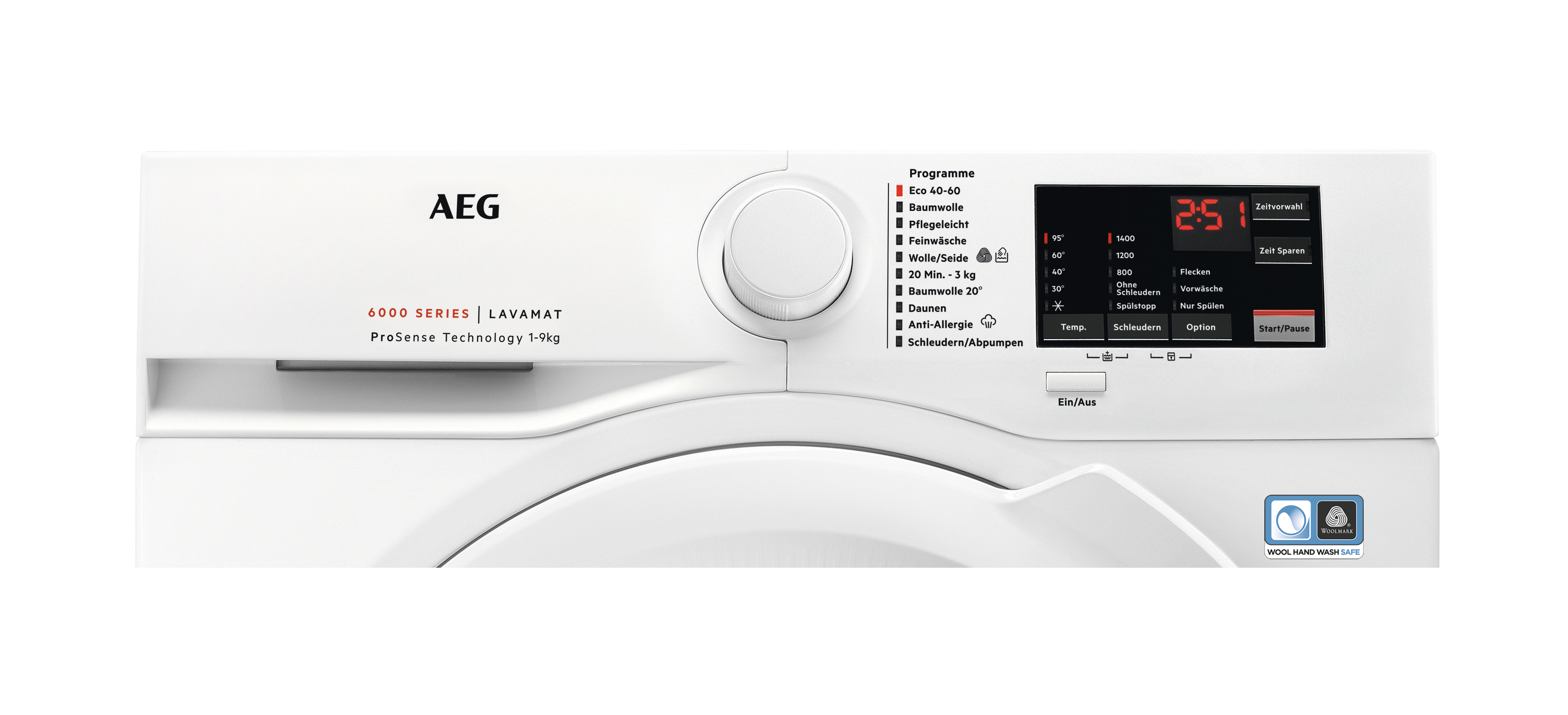 Eine weiße AEG Waschmaschine, Vorderansicht, mit Bedienfeld.
