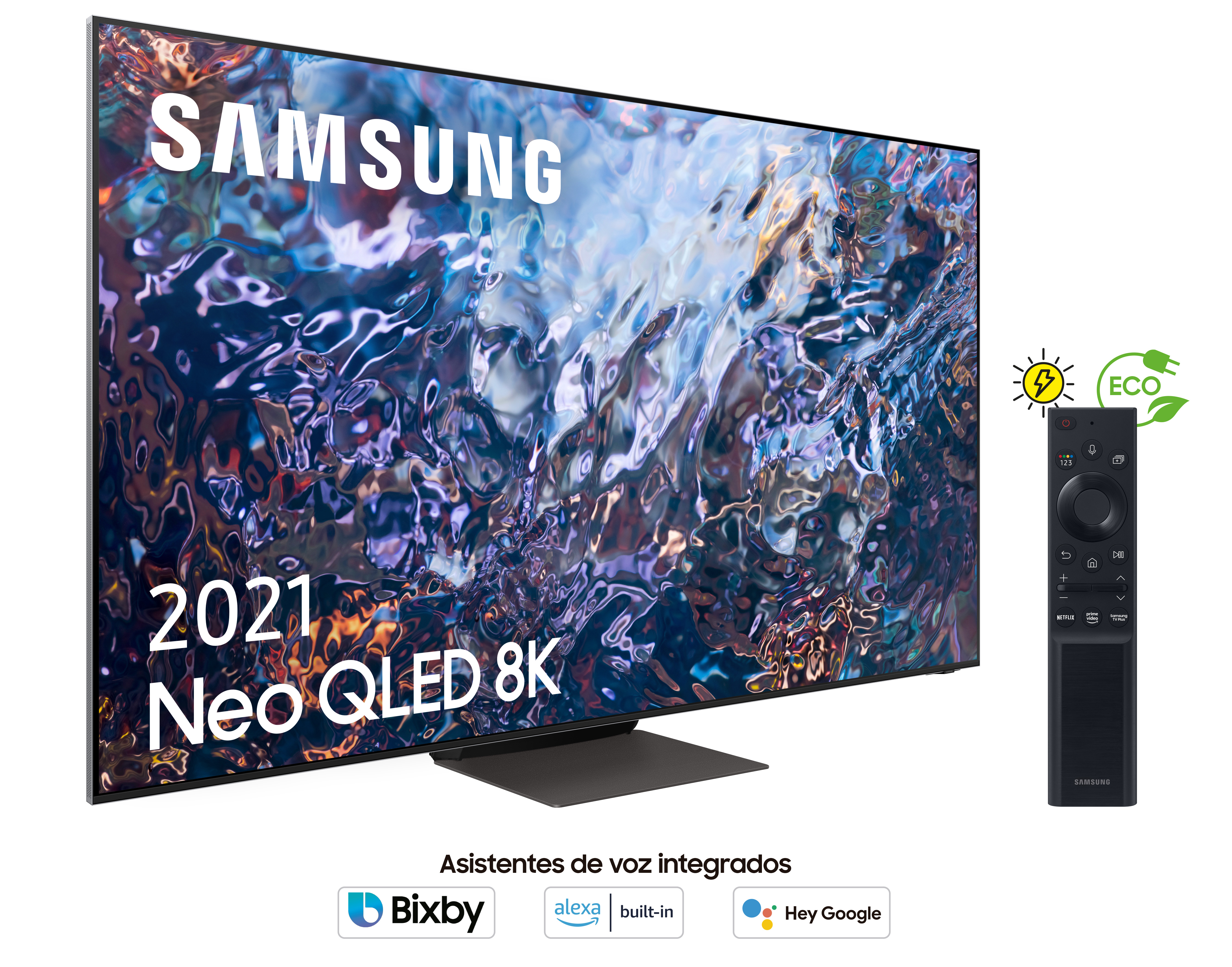 Televisor Samsung grande con control remoto. El televisor muestra una imagen abstracta.