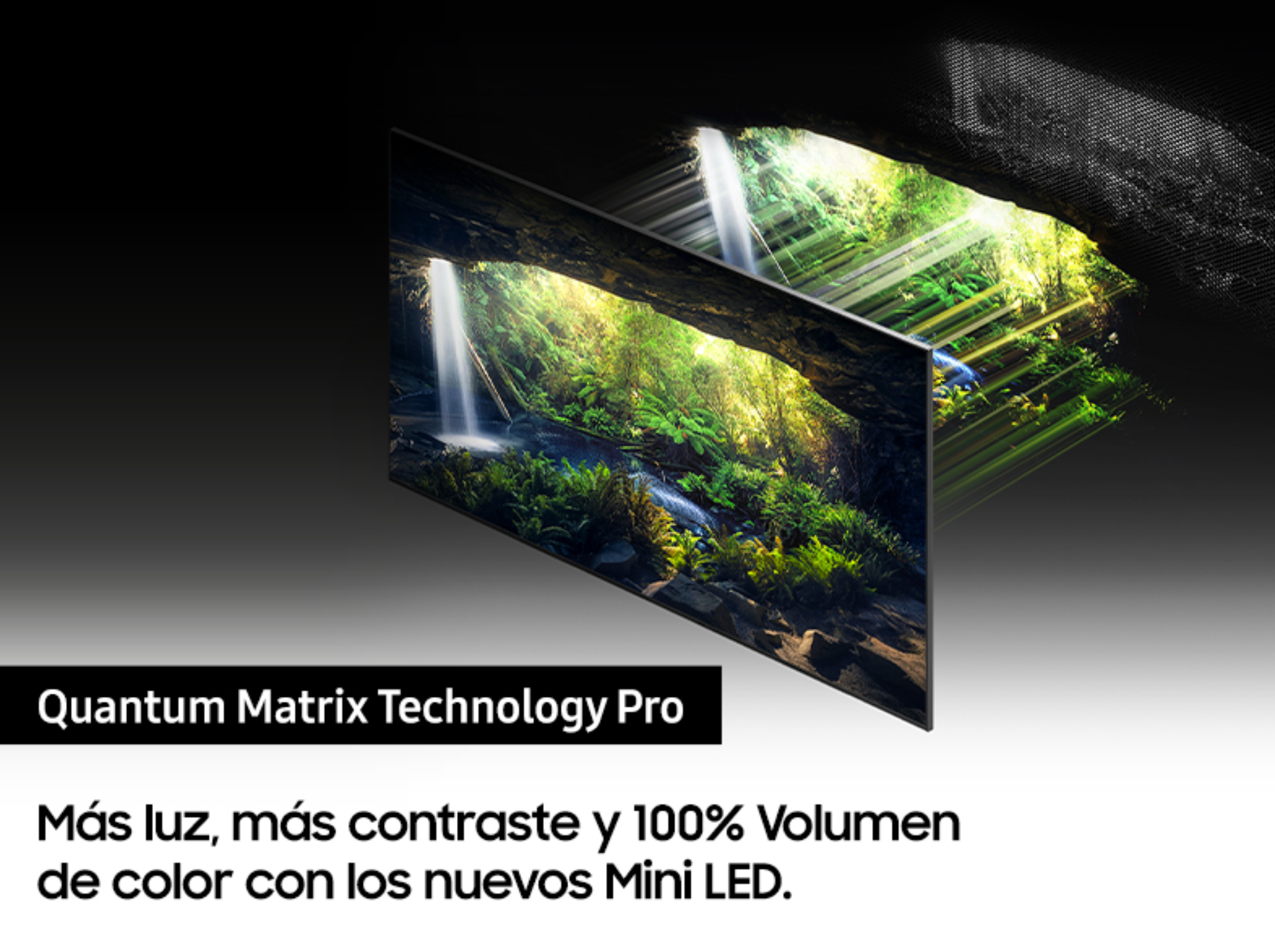 Una pantalla de TV que muestra un bosque con cascadas. La pantalla está curvada y tiene efectos de luz.