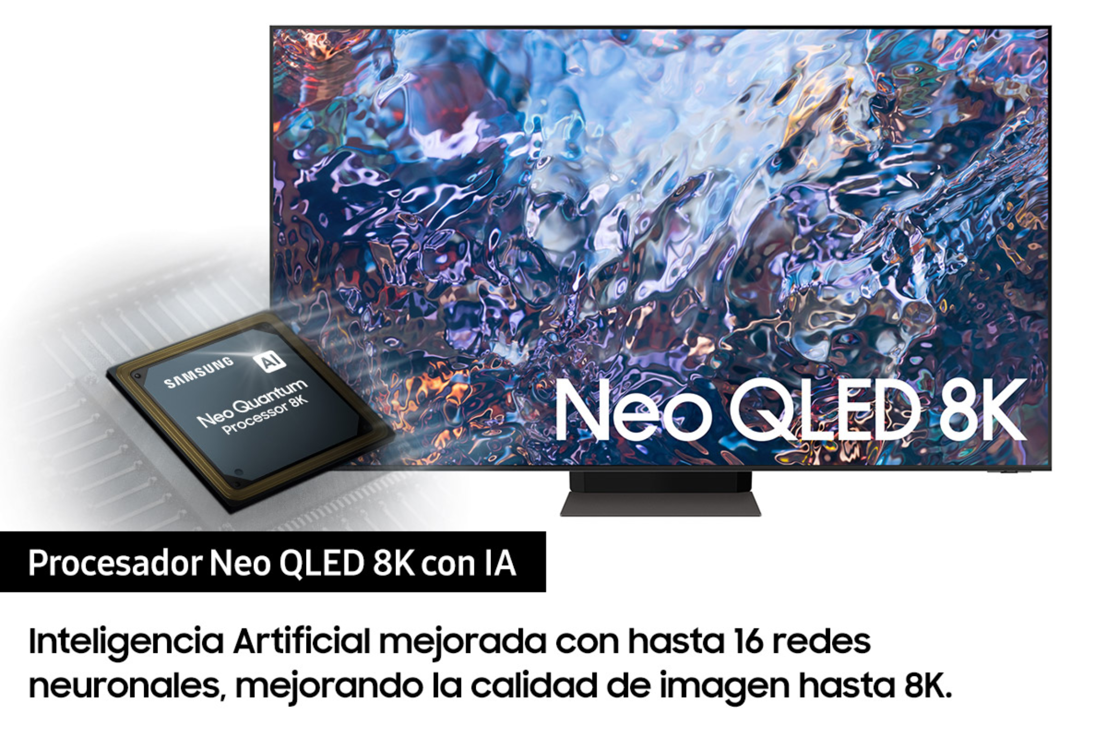 Un TV Samsung Neo QLED 8K con procesador y texto en español.