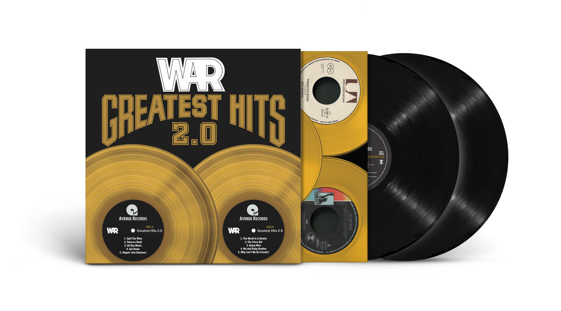 A WAR: Greatest Hits 2.0. album borítója. Arany bakelit lemezek, fekete háttér.