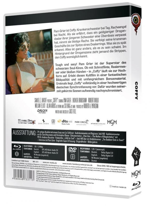 DVD-Hülle für den Film 'Coffy'. Frau in weißem Outfit. Text auf Deutsch. Grafik eines Auges an der Seite.