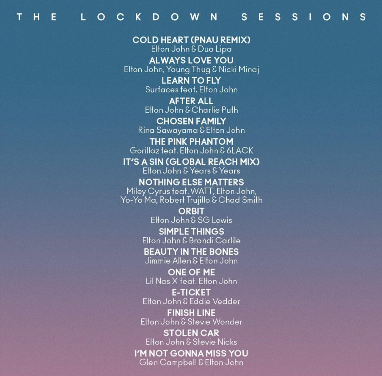 Eine Liste von Songtiteln von Elton John. Der Hintergrund ist ein blau-weißer Farbverlauf.