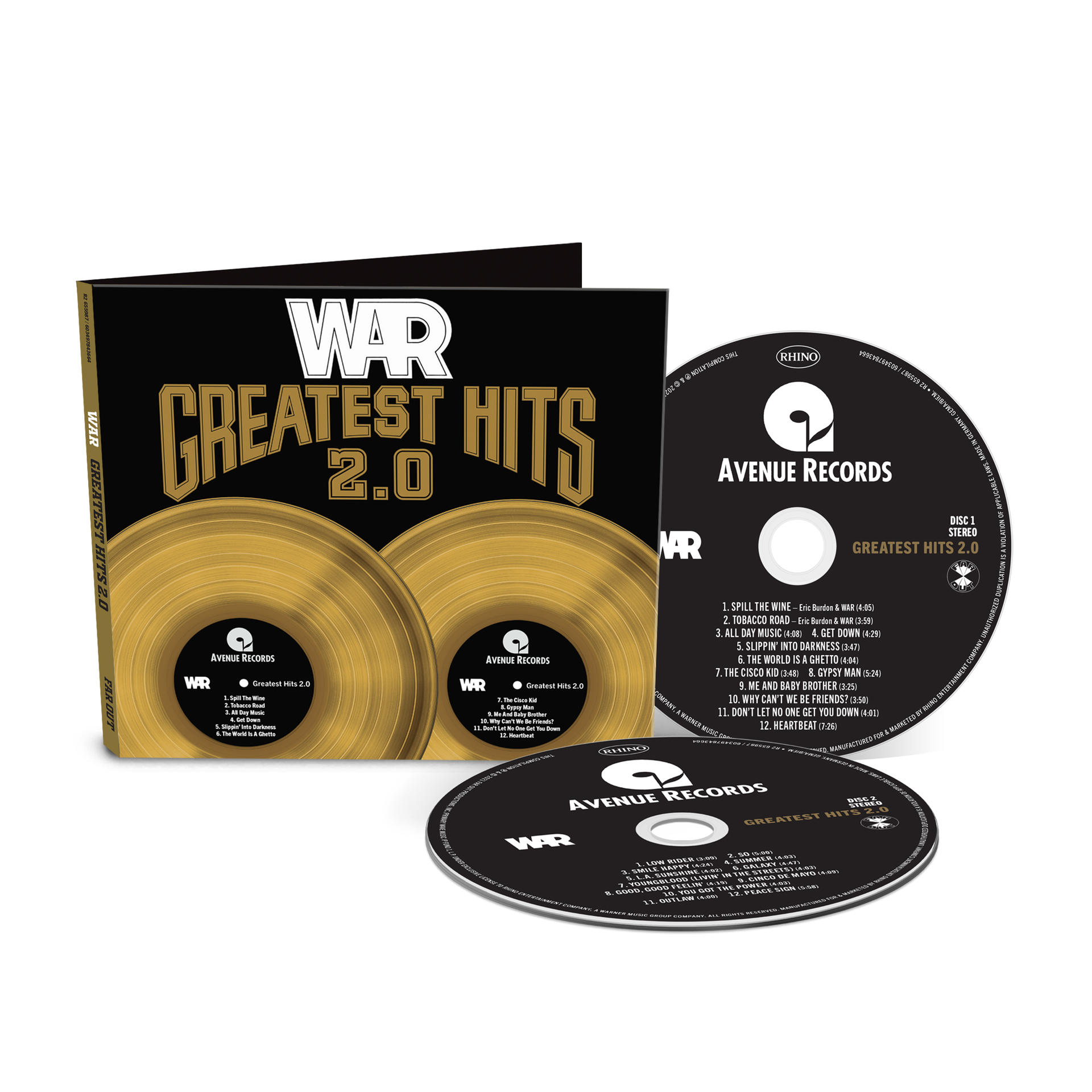 War Greatest Hits 2.0 Album mit zwei goldenen Discs und schwarzer Disc mit weißem Text.
