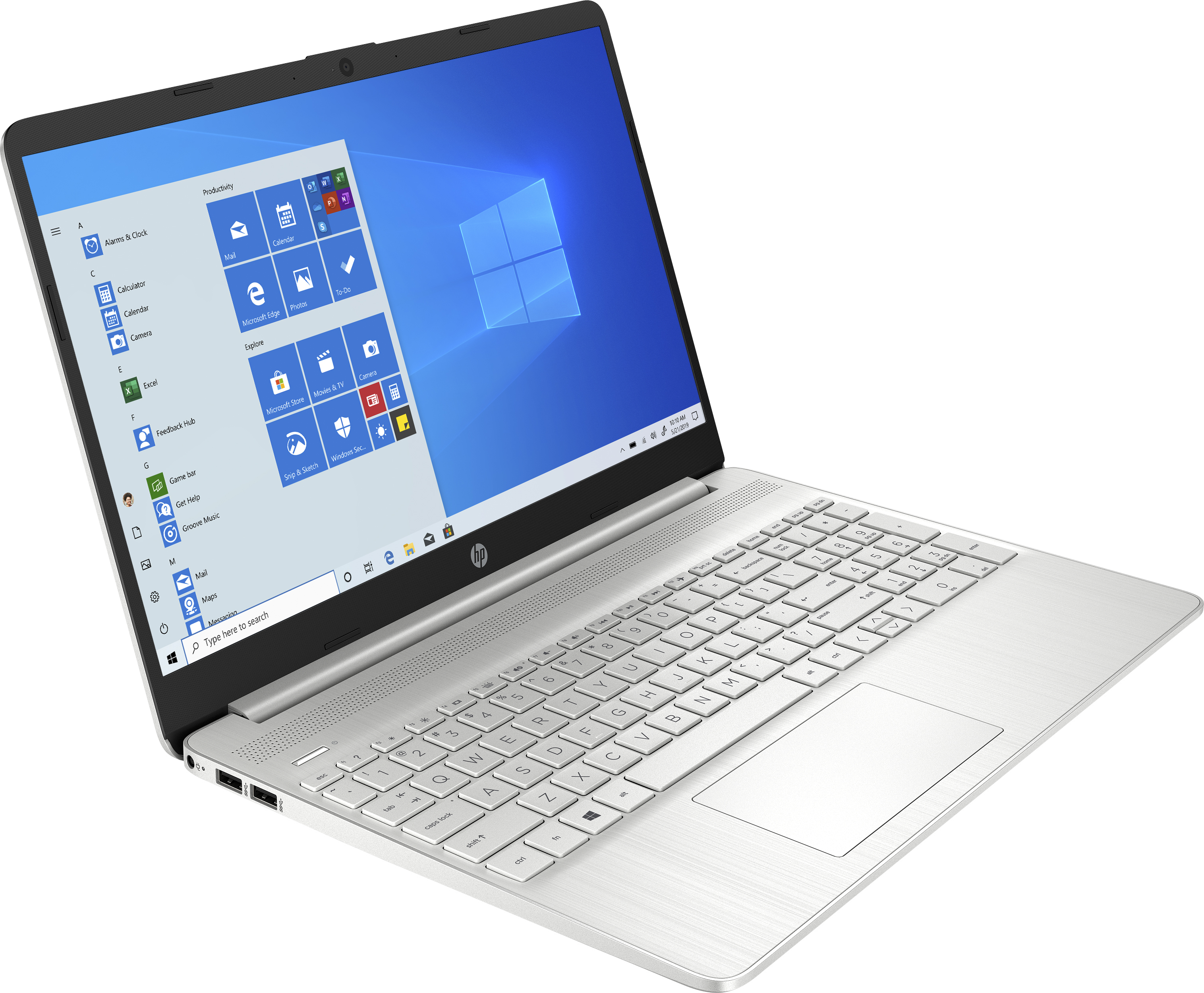 Una laptop blanca, abierta, sobre una superficie blanca. La pantalla muestra el logo de Windows.