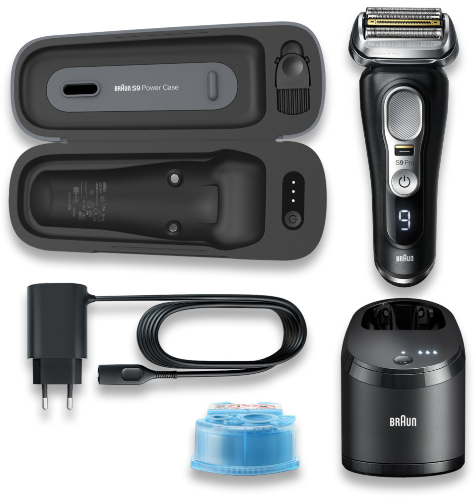 Zwarte Braun S9 Pro scheerapparaat en accessoires op witte achtergrond.