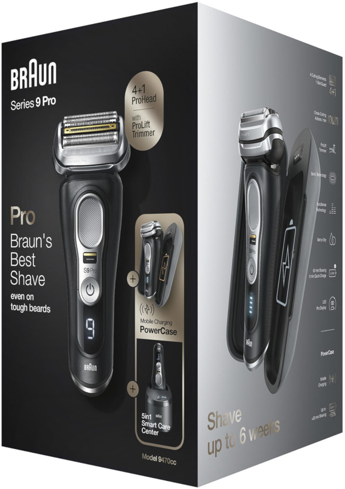 Braun Series 9 Pro scheerapparaatdoos. De doos toont een scheerapparaat, oplaadcase en smart care center.