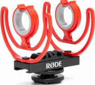 Suspension Rode pour microphone en plastique rouge avec une base noire.