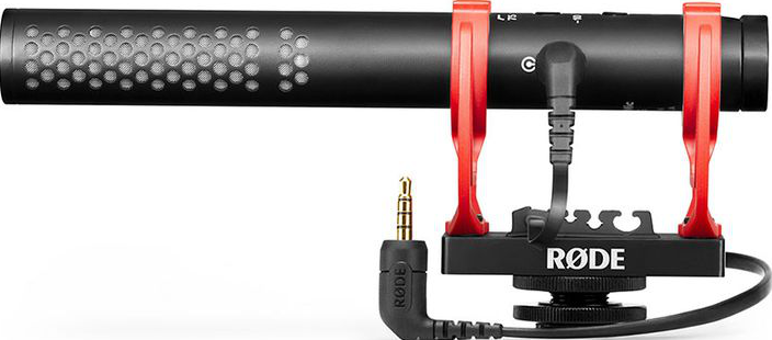 Microphone canon noir avec support rouge et prise jack 3,5 mm.