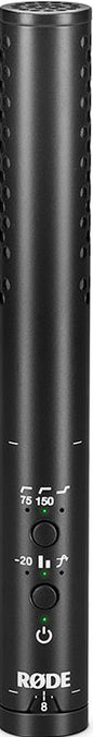 Un microphone à condensateur noir avec commandes et indicateurs.