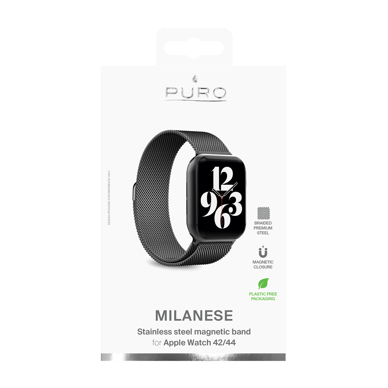 Cinturino Milanese nero per Apple Watch, in confezione con logo e dettagli.