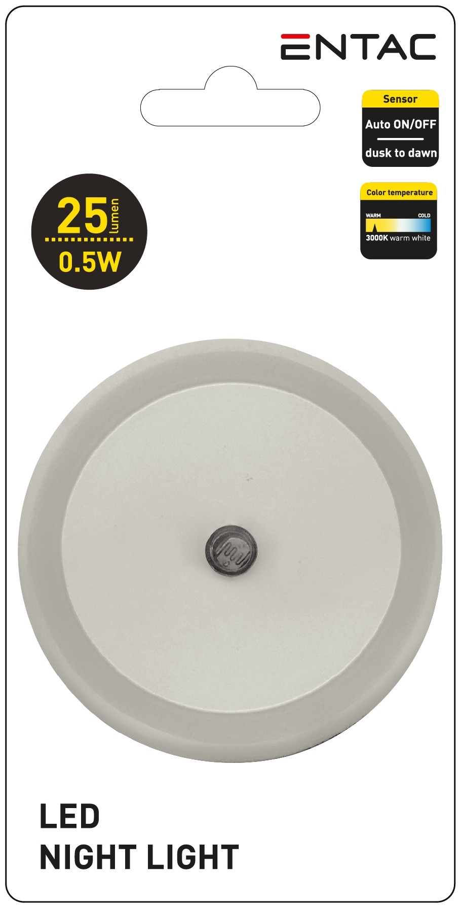 Fehér LED-es éjszakai fény csomagolása, termékadatokkal és logóval.