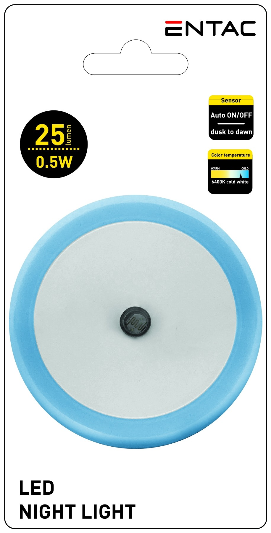 Egy kék-fehér LED-es éjszakai fény csomagolásban, a termék részleteit mutatva.