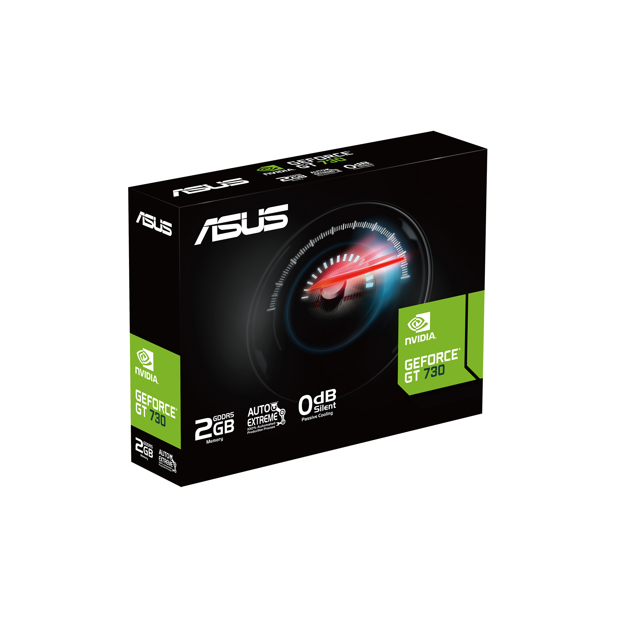 Eine schwarze ASUS GeForce GT 730 Grafikkarte. Es hat die ASUS- und NVIDIA-Logos und Spezifikationen.