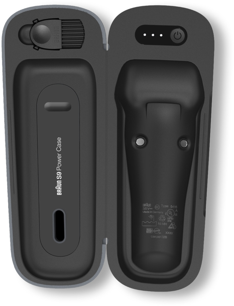 Open Braun Series 9 Power Case, showing the inside with shaver form and charging status.