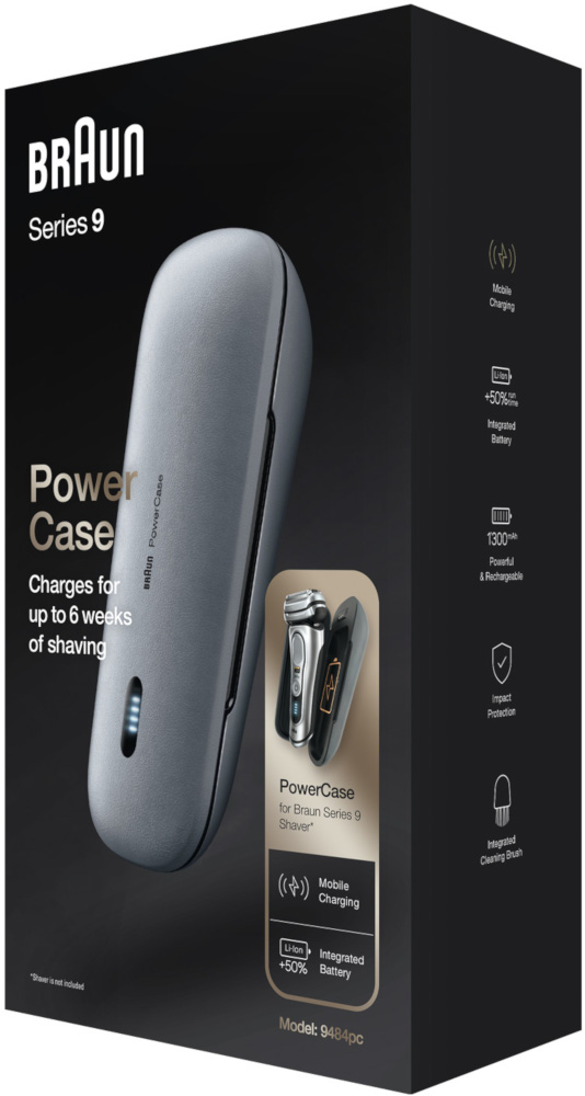 Braun Series 9 shaver with gray power case, charges for up to 6 weeks of shaving.