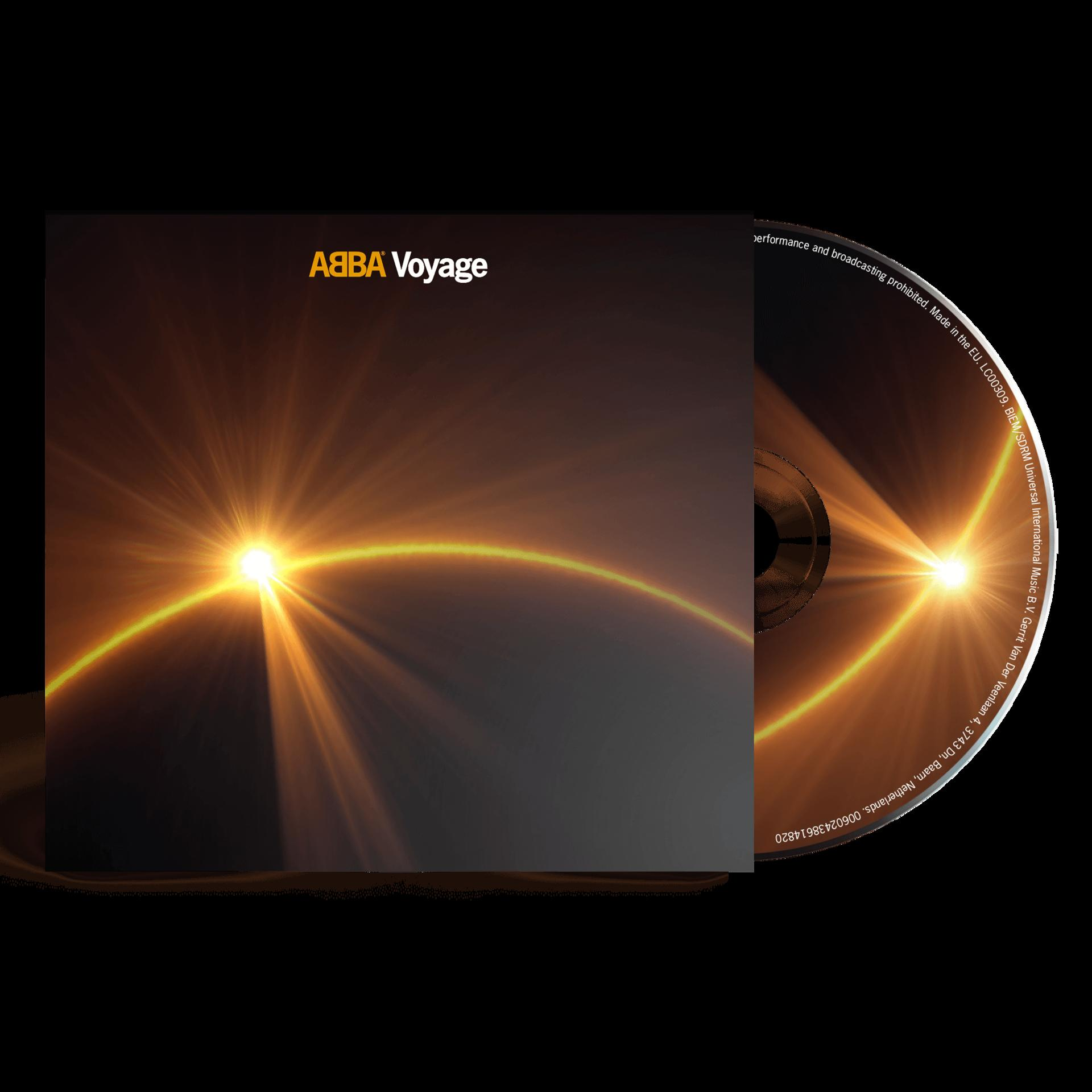 ABBA Voyage CD-Cover, goldenes Sunburst-Design mit Disc rechts.