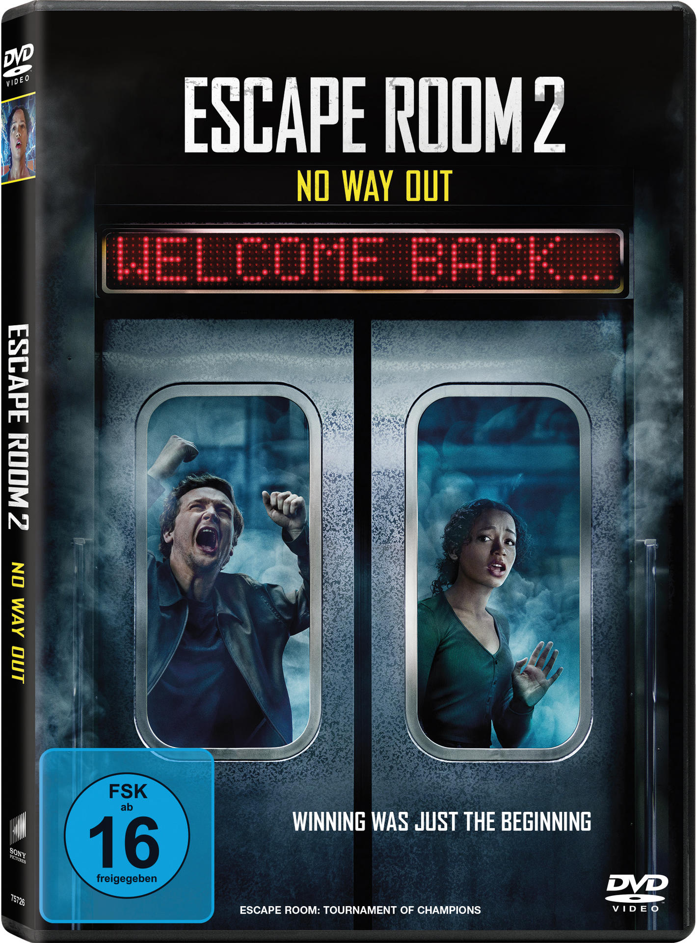 Escape Room 2 DVD-Cover. Menschen im Film sind erschrocken, mit dem Text 'WELCOME BACK'.