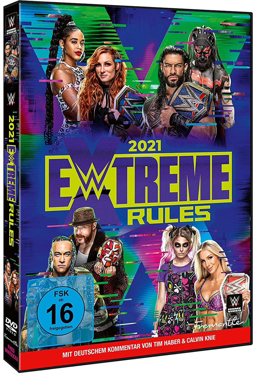 WWE Extreme Rules 2021 DVD-Cover mit Wrestlern und Veranstaltungstitel.