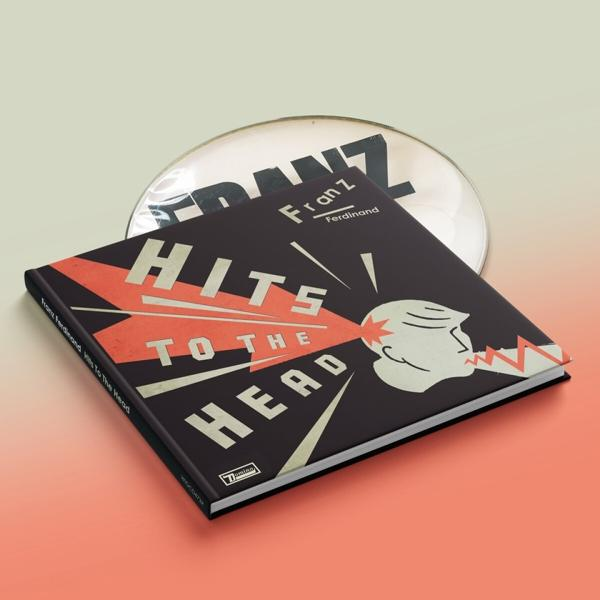 Un livre intitulé "HITS TO THE HEAD" avec le logo d'un groupe et une batterie, sur un fond dégradé.