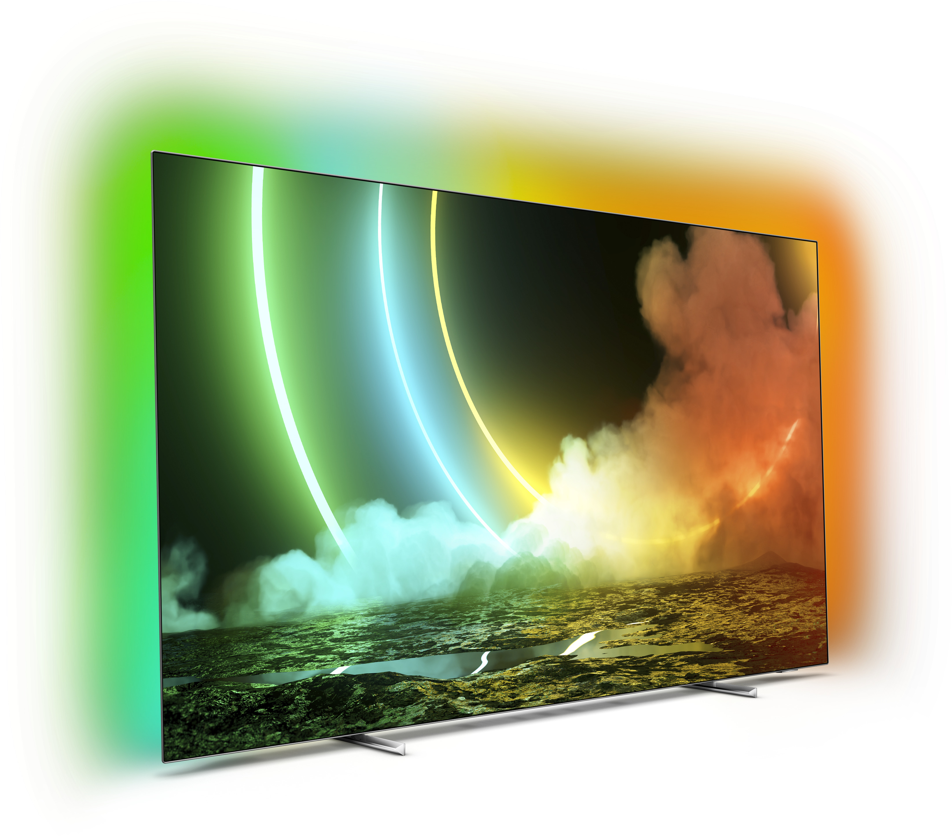 Un televisor de pantalla plana grande con iluminación ambiental colorida. La pantalla muestra una escena abstracta colorida.