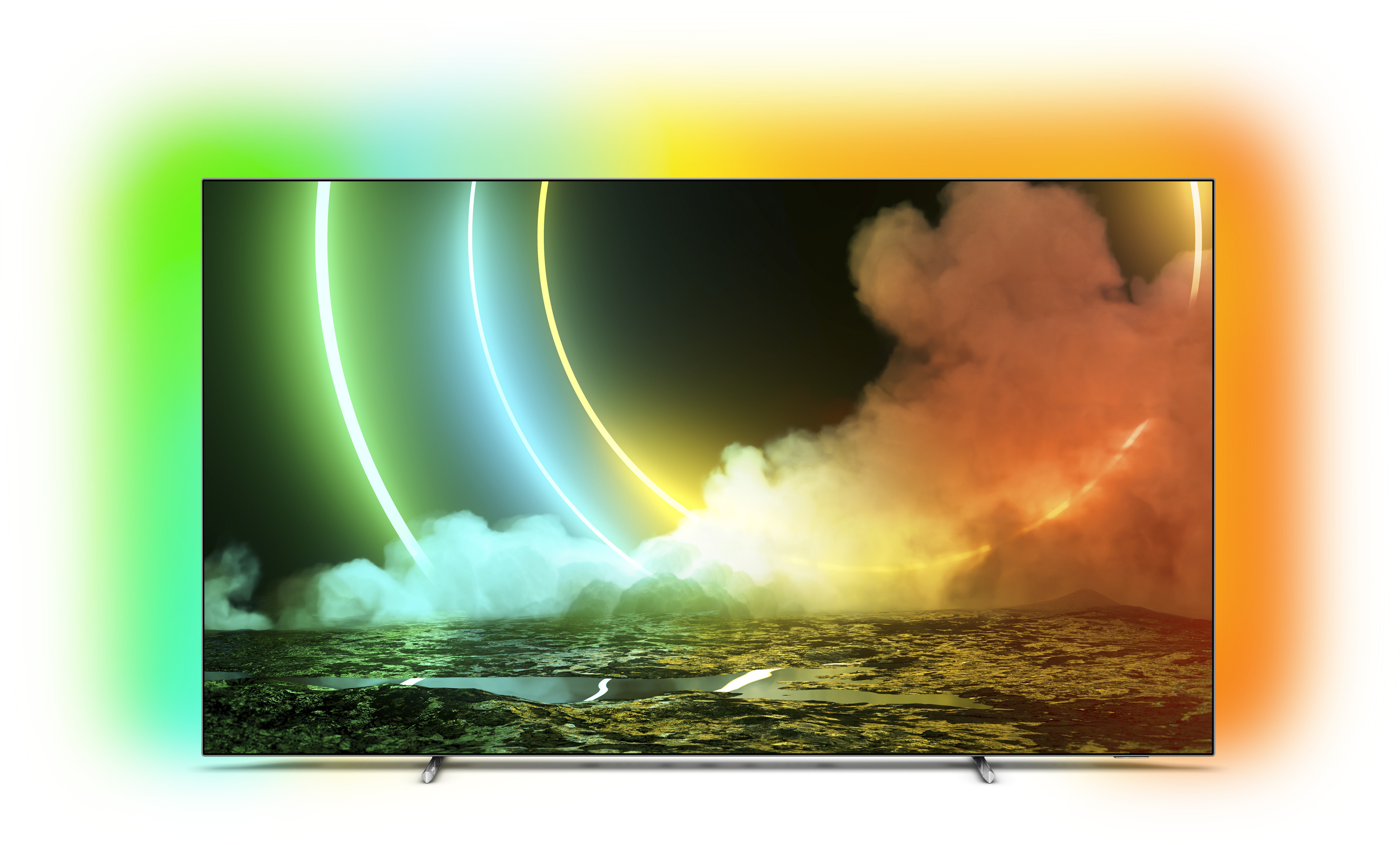 Pantalla de TV con líneas de luz coloridas y fondo nublado, con paisaje verde y amarillo.