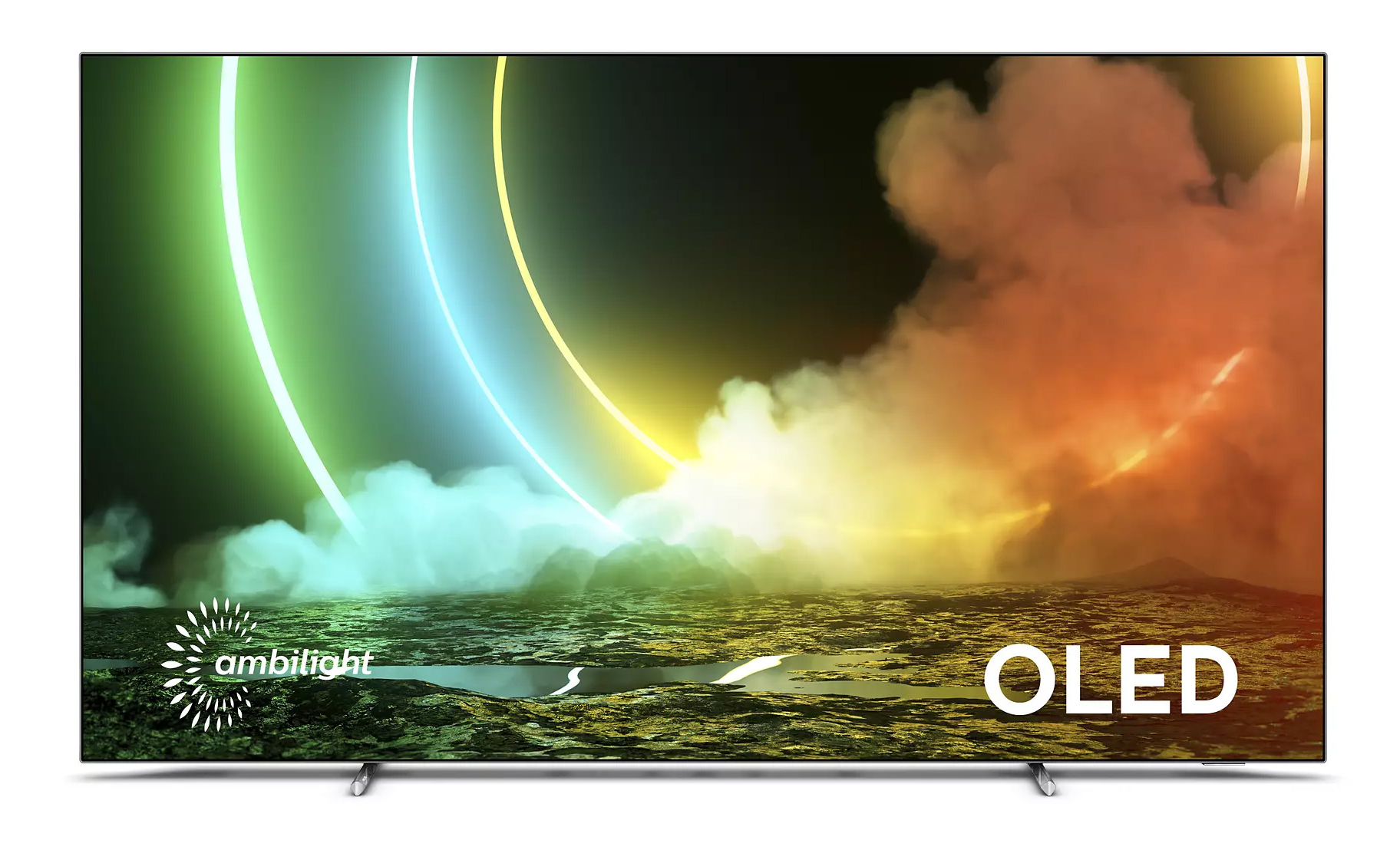 Un televisor OLED grande que muestra una escena abstracta y colorida con la palabra 'OLED'.