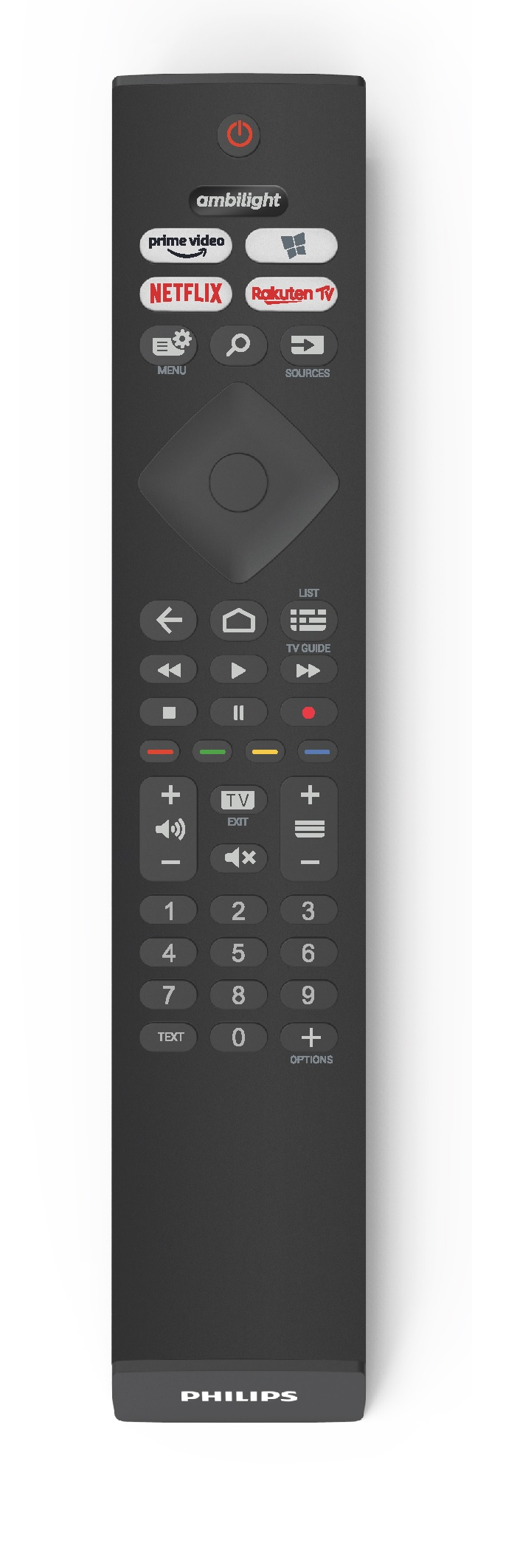 Mando a distancia negro Philips con botones y logotipos.