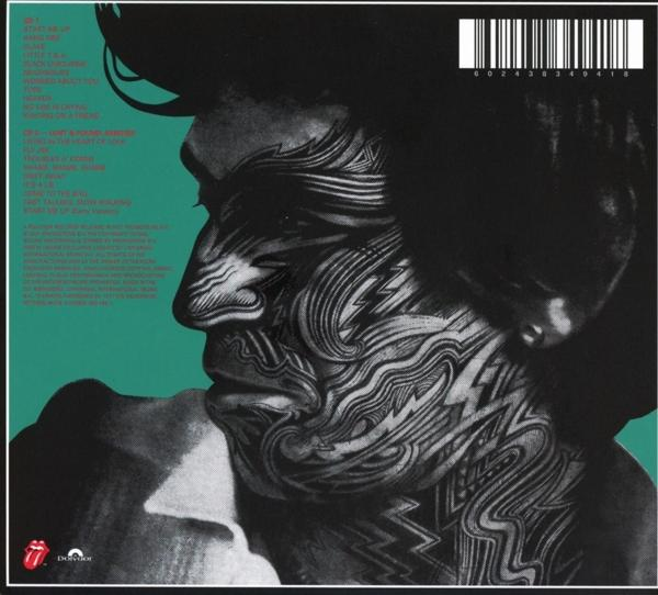Pochette d'album d'un homme tatoué sur fond turquoise. Le logo des Rolling Stones est dans le coin.
