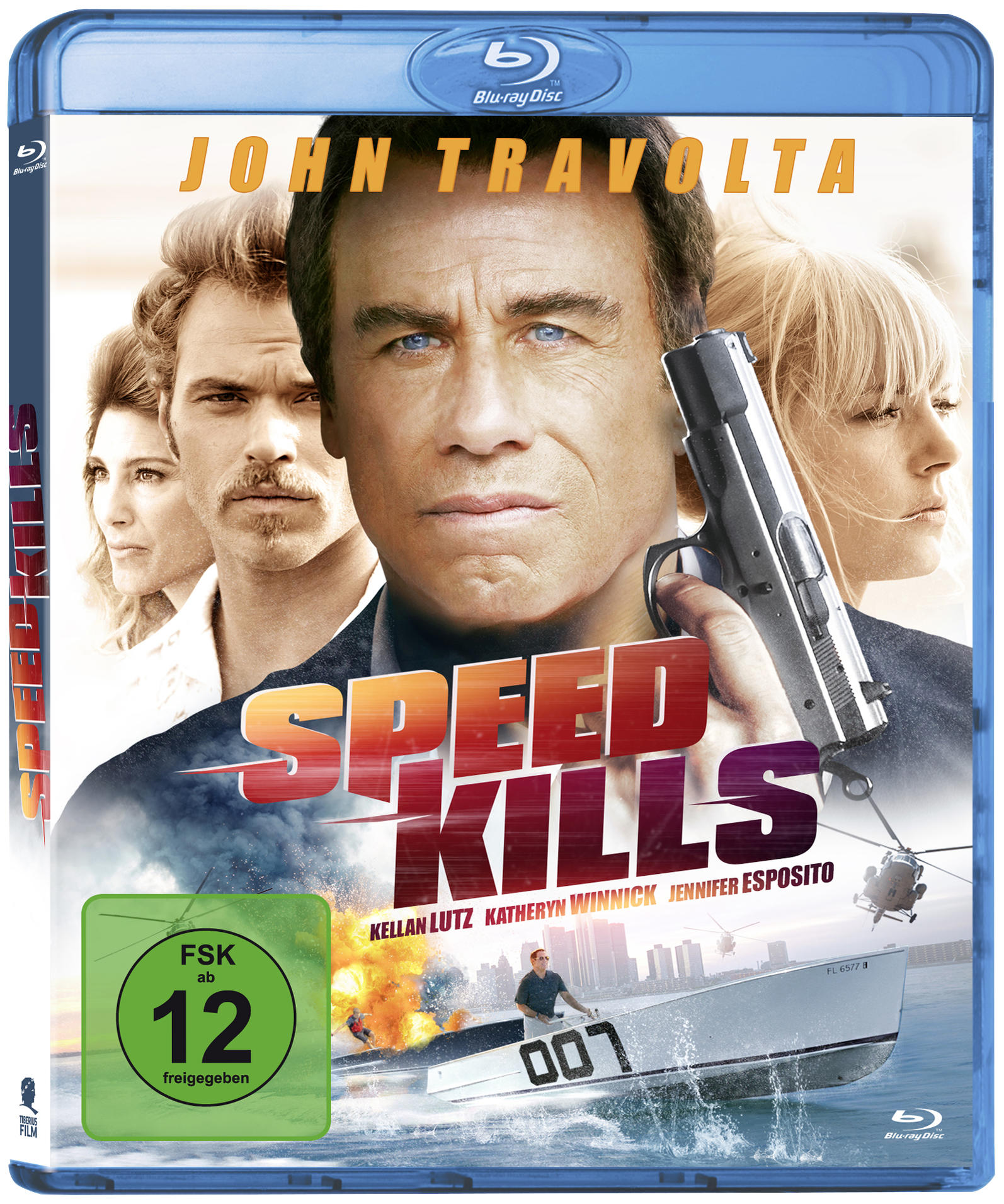 DVD-Cover für den Film Speed Kills mit John Travolta. Mit den Schauspielern und einer Bootszene.