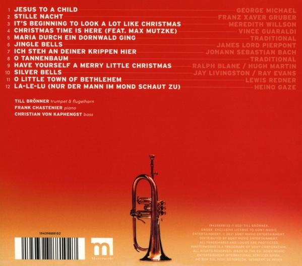 Rückseite einer CD-Hülle mit Titelliste, Trompete und Noten.