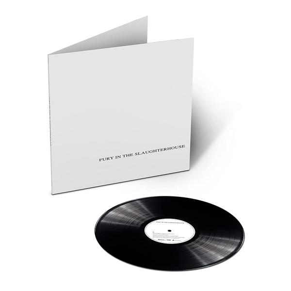 Vinylplatte und ihre Hülle. Die Hülle ist weiß mit dem Text: FURY IN THE SLAUGHTERHOUSE.